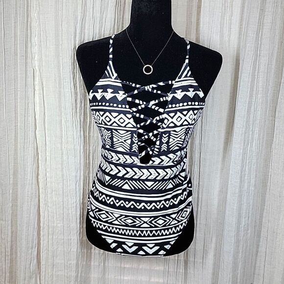 Ekouaer Cage Front Black/White Tribal Print One-piece Swimsuit - Picture 2 of 16